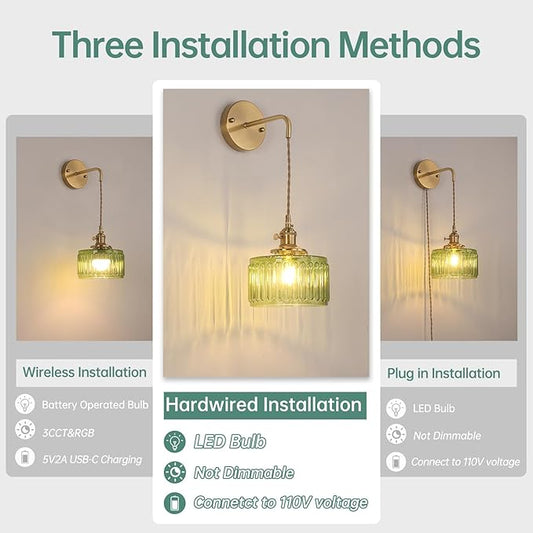 Vintage Wall Sconce Wall Lamp with Green Striped Shade Pattern Glass Adjustable Chain Retro Gold Wall Mounted Light, Modern Wall Lamp Fixtures Decor for Bedside Bedroom Indoor Doorway