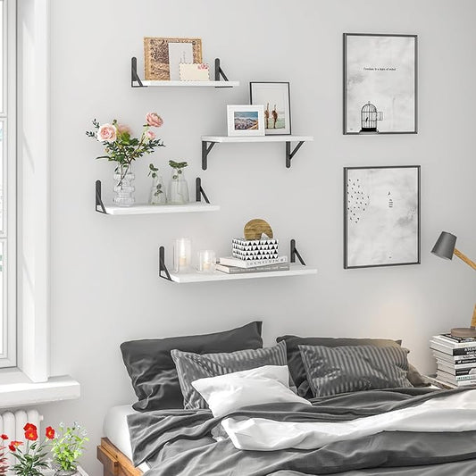 YGEOMER Floating Shelves for Wall, Different Sizes Rustic White Wall Shelves for Living Room, Bathroom, Bedroom, Kitchen, Home Decor (Set of 4)
