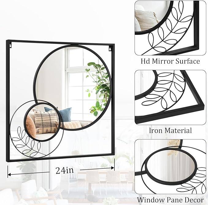 Black Square Mirror, Round Wall Mounted Mirror Set Circle Modern Decorative Mirrors for Living Room Bedroom Entryway 24x24 Inch Decor