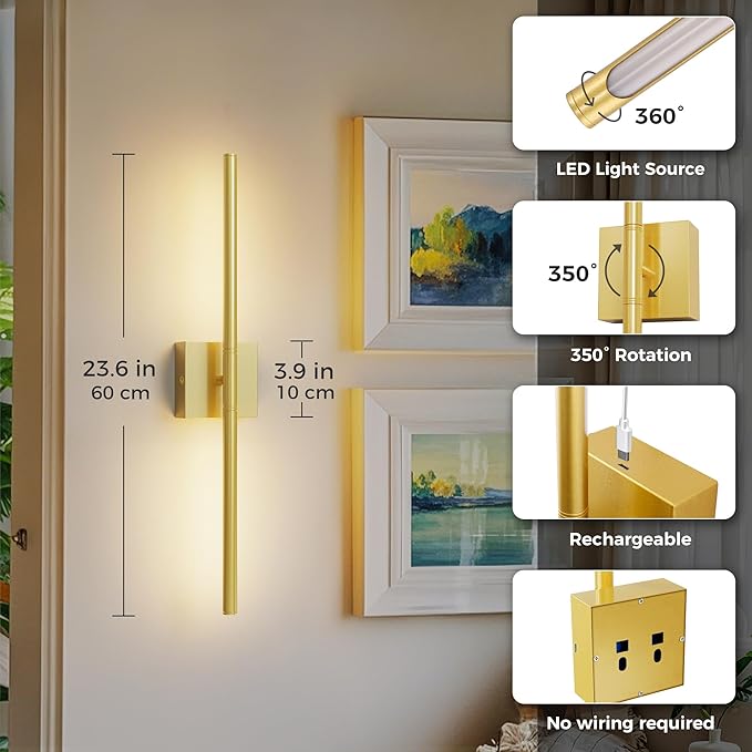 L LOHAS LED Battery Operated Wall Sconces Set of 2, Battery Wall Sconce 10000mAh, Gold Rechargeable Sconces 3CCT, 23.7 Inch Wireless Wall Lights, Sconce Wall Decor for Bedroom, Living Room