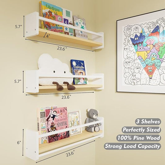 Nursery Floating Bookshelf for Kids, Wall Mounted Kids Book Shelf with Toy Storage, Pine Wood Nursery Shelves for Playroom, Bedroom, Toddler Room, Set of 3 (Pine & White, 23.6 Inches)