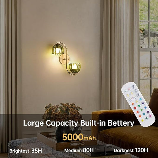 Battery Operated Wall Sconce, 2-Lights Vinatge Brass Wall Lighting Up and Down with Green Tulip Shade for Living Room, Bedroom