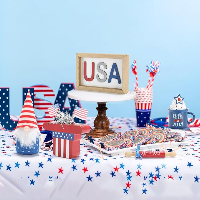 4th of July Decorations, Memorial Day Decorations, Independence Day Patriotic Tiered Tray Decor Set, 6 Pieces Fourth of July Centerpieces for Home Office Table Shelf, Red White and Blue Decorations