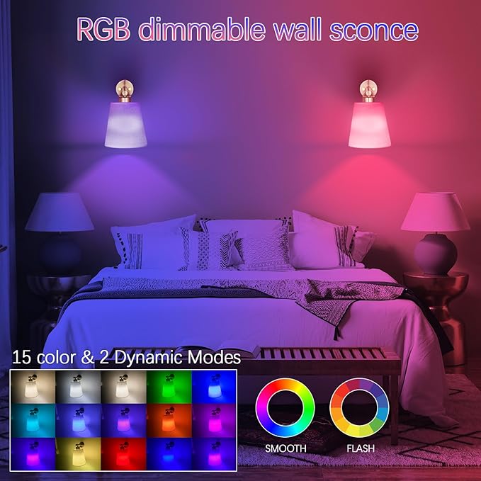 Battery Operated Wall Sconce Set of 2,Gold Rechargeable Wall Lights with Lampshade Dimmable RGB Bulbs and Remote,15 Colors Wireless Wall Lamps for Bedroom Living Room (Gold-3P)