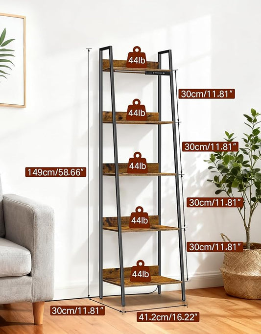 5-Tier Small Ladder Shelf with LED Lights, Touch & Remote Control, 3 Color Temperatures, Dimmable Tall Corner Standing Bookcase, Metal Wood Display Shelf for Living Room, Bedroom