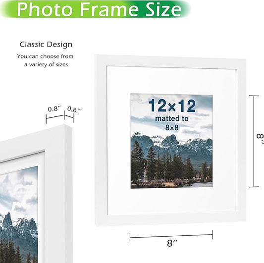 FrameWorks 2-Pack, 12x12 Matted to 8x8 Picture Frame, White – Classic Wooden Photo Frame with Tempered Glass, Modern Matte Finish for Prints, Posters, Certificates & Wall Decor – Gallery-Ready