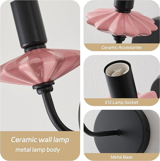 Modern Retro Wall sconces Set of Two with Pink Ceramic Flower Decoration,Black Wall Lights, Hardwired Vintage Vanity Light for Bathroom, Living Room, Bedroom, and hallways.