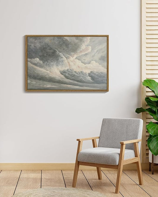 SHENIFY Landscape Framed Canvas Wall Art 24x36in Large Vintage Classical Clouds in the Sky Prints Hallway Bathroom Office Decor - Natural Framed