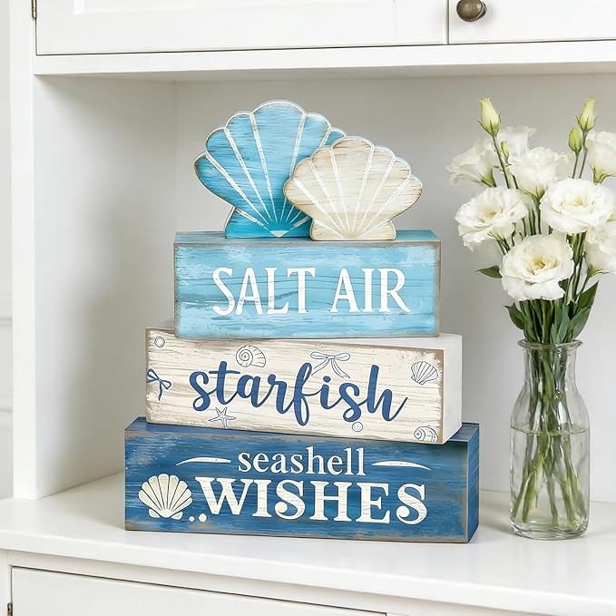 4 Pcs Coastal Summer Beach Tiered Tray Decor Rustic Wooden Nautical Centerpiece Set with Shell Starfish Farmhouse Style Beach Room Decor Summer Tiered Tray Decor