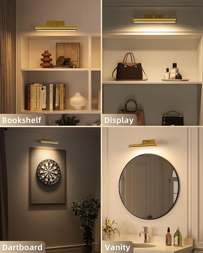 EZVALO Picture Light for Wall, 13in Wireless Rechargeable 4000mAh LED Art Light with Remote, Dimmable 3 Color Temps, Battery Operated Wall Light for Living Room, Bedroom, Gallery (Gold, 2 Pack Set)