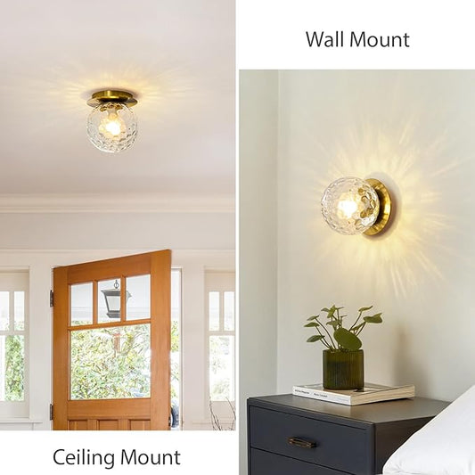 Modern Glass Globe Wall Sconce: Gold Spherical Sconces Light with Hammered Clear Glass Shade - Small Brass Vanity Single Ball Lights Fixture - Contemporary Wall Mounted Lamp for Bedroom Living Room