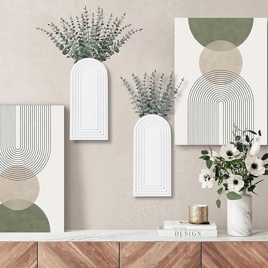2 Pack Wooden Wall Vase Set - White Finish Modern Farmhouse & Boho Wall Decor for Entryway, Hallway, Bathroom, Living Room, Dining Room, Narrow Spaces