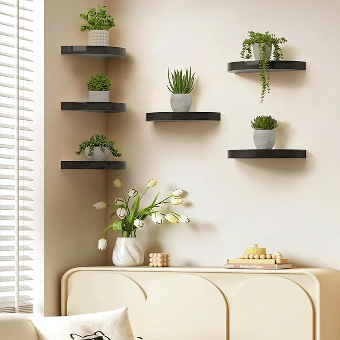 Olakee Floating Shelves for Wall Set of 3, 15.4" Rustic Wood Wall Mounted Shelves for Bathroom, Bedroom, Living Room, Kitchen, Office โ Heavy Duty Decorative Storage Shelves โ Black