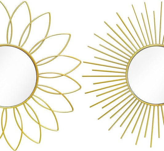 3 Pack Metal Mirrors for Wall Sunburst Wall Mirrors Home Décor Decorative Hanging Wall Art for Living Room Bedroom Entryway (Gold2, Flower+Sunburst)