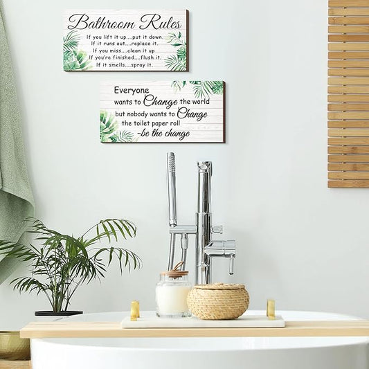 Jetec 2 Pieces Funny Bathroom Signs Bathroom Wall Decor Toilet Wall Accessories Farmhouse Toilet Rustic Wooden Signs, 12x6 Inch(Leaves Style)
