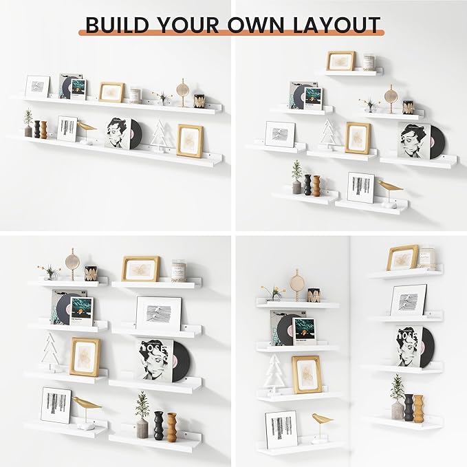 Picture Ledge Shelf, Small Floating Shelves Set of 8, 16 Inches Nursery Book Shelves for Toys Storage, Kids Bookshelf Wall Mounted for Living Room Bedroom Decor Books Photo Frames, Matte White