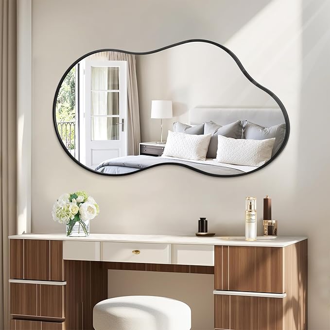 JJUUYOU Irregular Wall Mirror Black Metal Framed Decorative Asymmetrical Bathroom Mirrors Large 26"x47" for Living Room Bedroom Entryway Hanging Home Decor