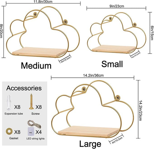 Golden Cloud Shape Floating Shelves with LED Lights Wall Decor,Gold Metal Wire and Wood Base Wall Mounted Shelf Decorations for Home Bedroom Living Room - Set of 3