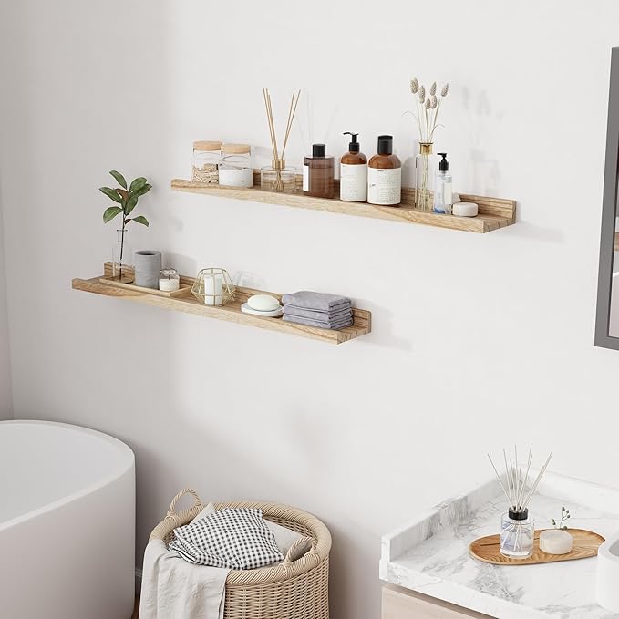 RICHFOCUS Floating Shelves for Wall, 36 inch Solid Wood Picture Ledge Shelf for Wall Storage, Nursery Book Shelves with Lip for Living Room Bathroom Bedroom Kitchen, Set of 2, Carbonized Black