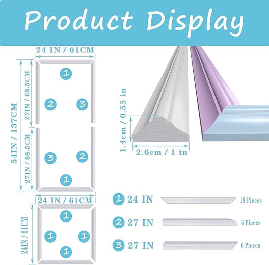 3 PCS Premade Wainscoting Panels,Accent Wall Panels for Interior Decor,All Edges precut, Factory Primed molding Pieces (54x 24+24x24in)