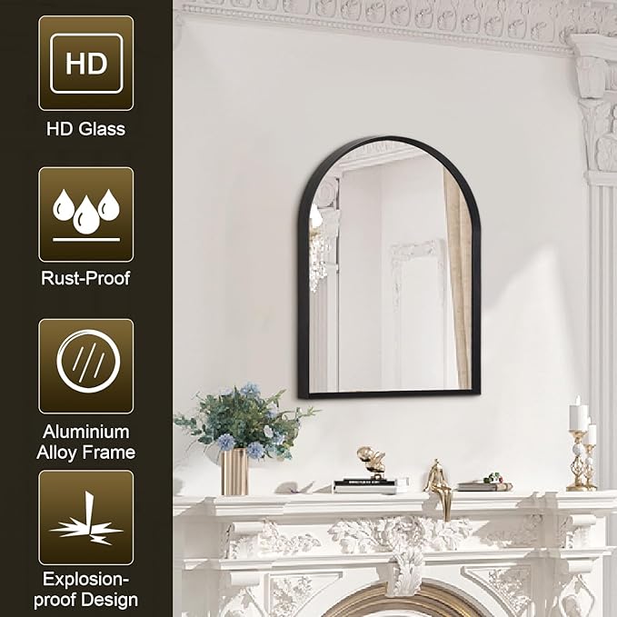 Black Arched Mirror, Modern Bathroom Wall Mirror Aluminum Alloy Framed Mirror Brushed Metal Vanity Wall Mounted Mirror for Livingroom Bedroom Entryway Room 16"x12"
