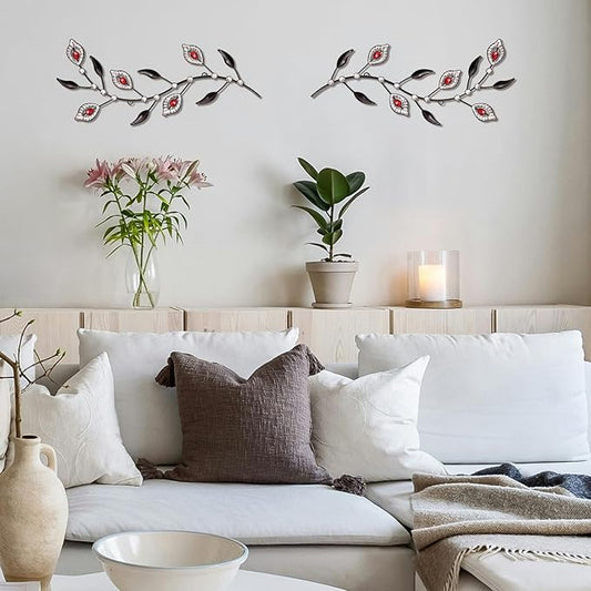 sxnzequnze 2 Pcs Metal Leaf Wall Art Crystal Bling Decorations Silver Leaves 3D Iron Handmade Home Decor Hanging Minimalist Accents Modern Set for Living Room Bathroom Bedroom Dining Room Hallway