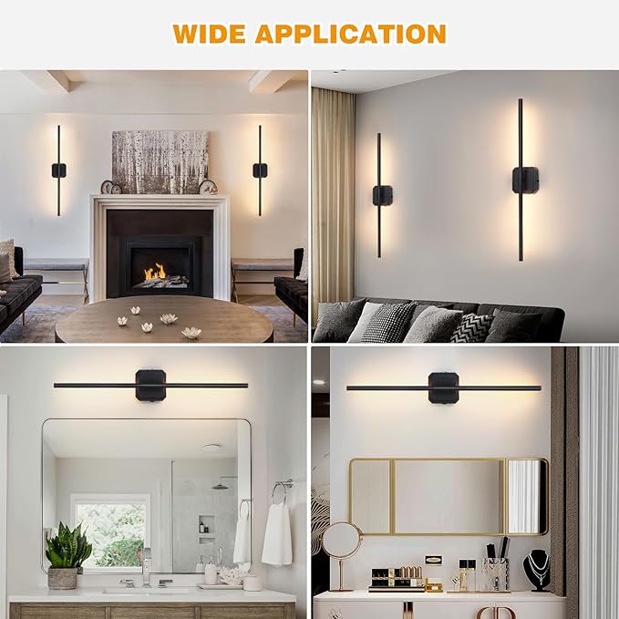 Battery Operated Wall Sconces Set of 2, ๐๐ฉ๐ ๐ซ๐๐๐๐ Rechargeable Wall Lights with Remote Control, LED Wall Sconces Black, 3000K-6000K Dimmable 360ยฐ Rotatable for Living Room, Bedroom, 28''
