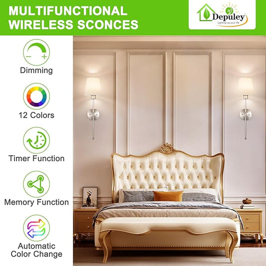 Depuley Battery Operated Wall Sconce: Set of 2 Wireless Wall Lights with Remote for Bedroom - 12 Colors Rechargeable Wall Lamp for Living Room Dining Room Hallway Bathroom Staircases - Nickel 24 Inch