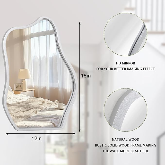 Modern Asymmetrical Mirror Unique Irregular Wooden Framed Mirror for Wall Hanging Mirror Artistic Cloud Shape Wall Mirror Decor Bathroom Bedroom Living Room Entryway Hallway Small