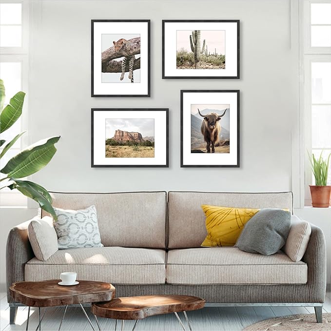 12x16 Picture Frame Set of 4, Displays 8x10 with Mat or 12x16 Without Mat, Photo Frames for Wall Hanging or Tabletop, Includes HD Plexiglass, Black