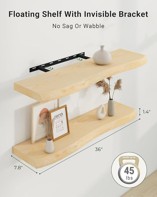 Axeman 36" Solid Wood Floating Shelves for Wall Decor, USA-Sourced Rustic Ash Wood Live Edge Shelf with Upgraded Heavy Invisible Bracket, Wall Mounted Shelf for Kitchen Bathroom Living Room, Natural
