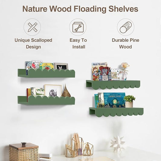 Scalloped Shelves for Nursery - Wall Book Shelves for Bedroom Kids, Nursery Bookshelf for Wall Set of 4, Floating Book Shelves Solid Wood,16 Inch, Sage