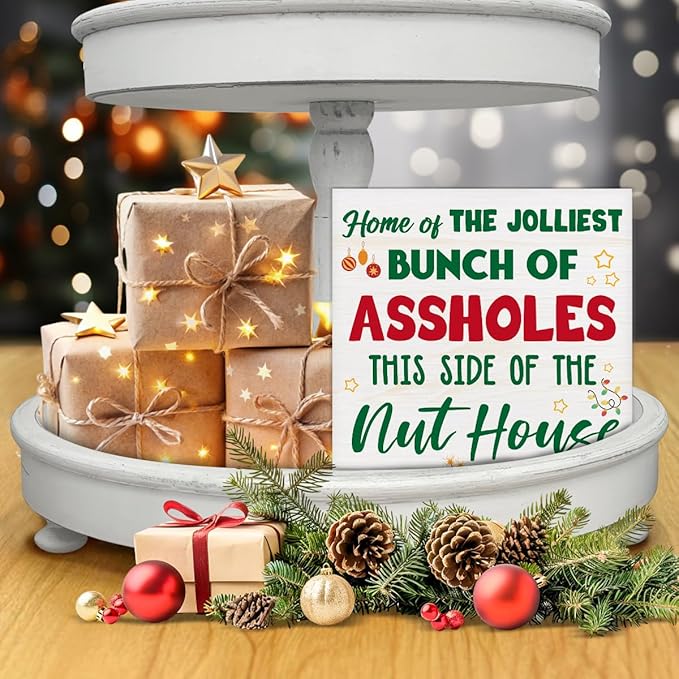 Funny Christmas Decor, Christmas Home Decorations, Home of the Jolliest Wooden Sign Rustic Home Shelf Office Decor 5 x 5 Inches