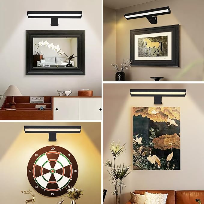 Picture Light, Rechargeable Picture Light for Paintings, Wireless Picture Frame Light, 3 Lighting, 12Inch Battery Operated Art Light for Display, Picture-Black