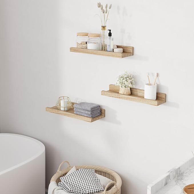 RICHFOCUS Floating Shelves for Wall, 16 inch Solid Wood Picture Ledge Shelf for Wall Storage, Nursery Book Shelves with Lip for Living Room Bathroom Bedroom Kitchen, Set of 3, Carbonized Black