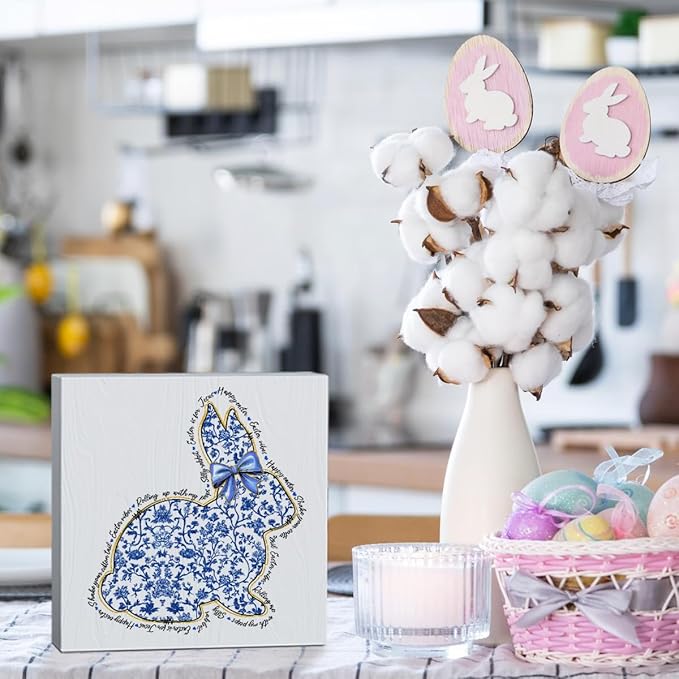 Happy Easter Sign Easter Table Decor Bunny Decor Blue And White Chinoiserie Decor Wooden Box Sign for Home Office Bedroom Living Room Desk Shelves