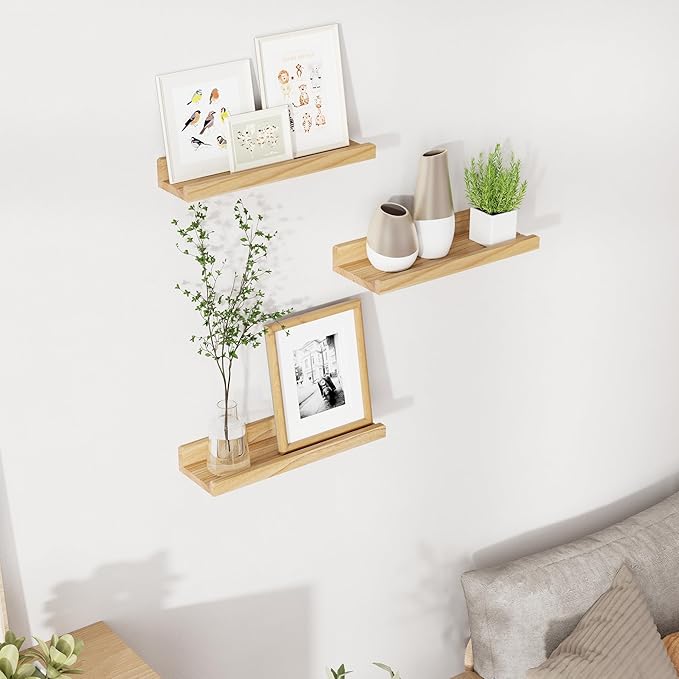 RICHFOCUS Floating Shelves for Wall, 16 inch Solid Wood Picture Ledge Shelf for Wall Storage, Nursery Book Shelves with Lip for Living Room Bathroom Bedroom Kitchen, Set of 3, Natural