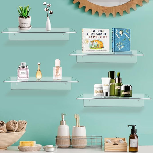 12 Inch L-Shaped Acrylic Floating Shelf Wall Mounted Shelves Invisible 5MM Thick Shelf for Wall Storage Clear Shelves for Makeup Photo Picture Book Record Display 2 Pack