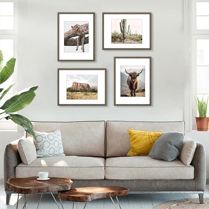 ATOBART 12x16 Picture Frame Set of 4, Displays 8x10 with Mat or 12x16 Without Mat, Photo Frames for Wall Hanging or Tabletop, Includes HD Plexiglass, Brown