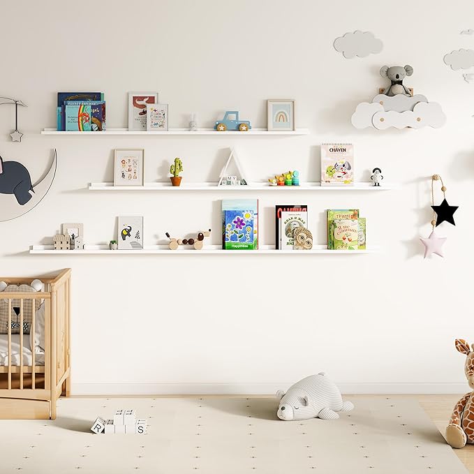 Fun Memories Picture Ledge Shelf, 40 Inch Floating Shelves Set of 2, Large Nursery Book Shelves for Toys Storage, Kids Bookshelf Wall Mounted for Wall Decor Books Photo Frames, White