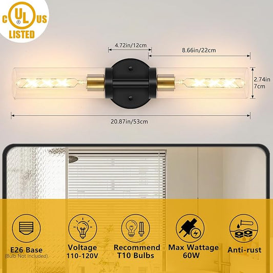 2-Light Bathroom Lighting Fixtures Over Mirror, Black and Gold Vanity Lights for Bathroom, Modern Sconces Wall Lighting with Clear Glass for Bathroom, Bedroom, Living Room (1-Pack)