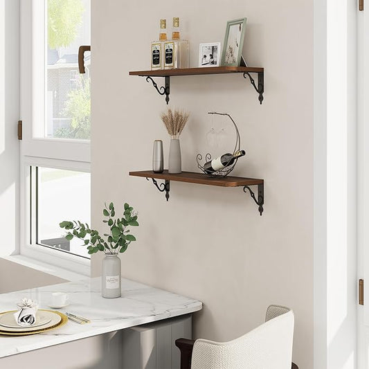 RICHFOCUS Floating Shelves for Wall Decor, 24Inch Shelves Set of 2, 24W x 8D Floating Shelves Wall Mounted with Metal Brackets, Rustic Wood Shelves for Living Room Bedroom Kitchen, Walnut