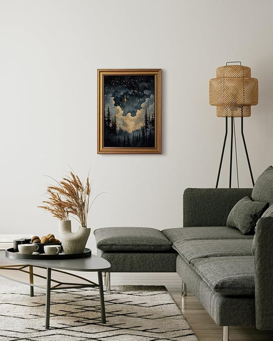 HUARCEY Gold Framed Canvas Wall Art, Celestial Stars Night Picture Decor, Living Room Bedroom Dark Landscape Nature Art, Sky Forest Vintage Canvas Paintings, 12x16inch