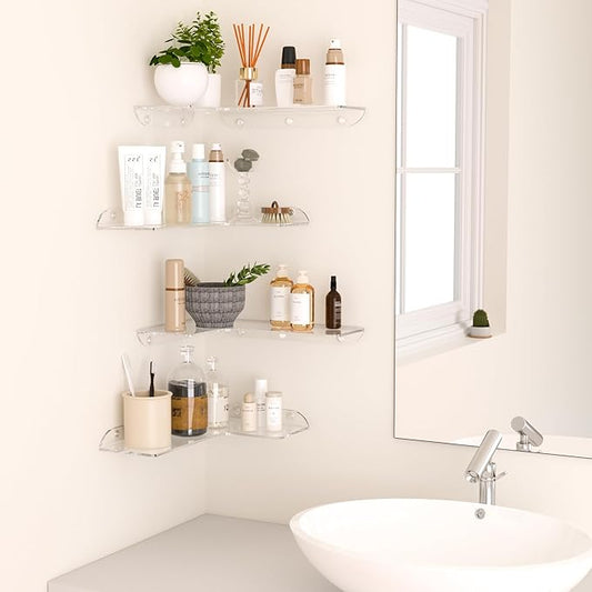 11.4x16 Inch Acrylic Corner Floating Shelf Set of 4, Clear Corner Wall Shelf for Home Décor, Speakers, Security Cameras, Toileries, Plants, Figures, Cosmetics, Books