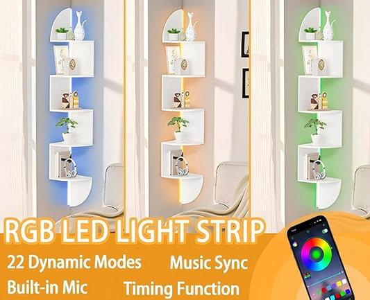 Waipfaru Corner Shelf, 5 Tier Bookshelf with LED Light, Corner Shelf Wall Mounted, Floating Shelves for Wall, Display Stand for Bedroom, Living Room, Bathroom, Home, Office, White