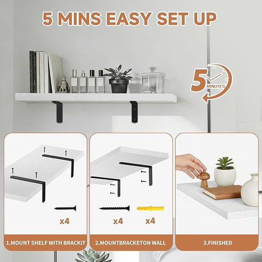 LifetimeWarranty Wall Shelves With Brackets, NOT Floating Easy Install 15.7Inch Solid Wood Shelf 3PCS, Modern Storage Display Shelves for Books Plants Frames, Ledge Shelf for Bathroom Bedroom Kitchen