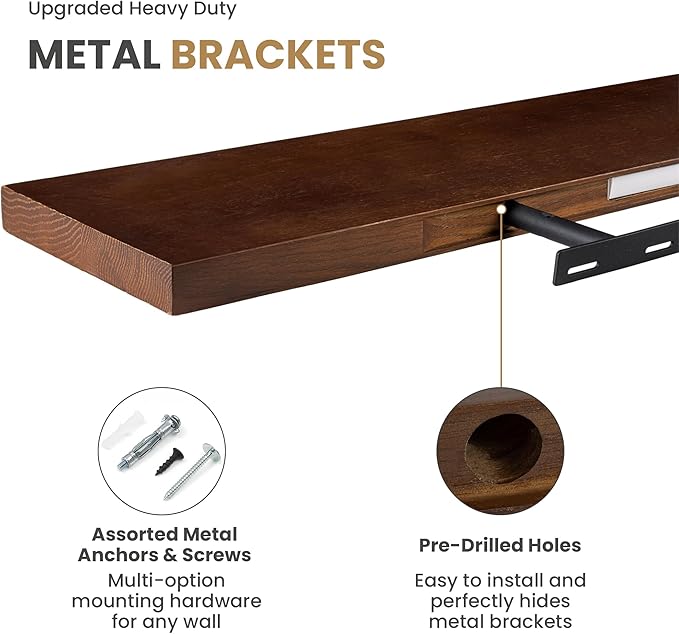 RICHFOCUS Floating Shelves for Wall 72 Inch Solid USA-Sourced Oak Wooden Shelves for Bathroom Kitchen 9" Deep Modern Wood Shelf with Heavy-Duty Bracket for Wall Mounted, Walnut Finish