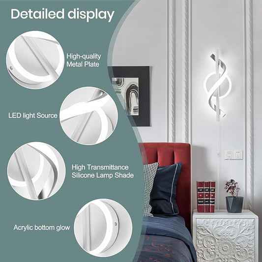LED Wall Sconces Indoor, 12W Plug In Wall Sconces Set of 2, Modern Spiral Wall Lamp, Bedside Wall Lamps, 6000K Cold White Wall Light Fixture for Bedroom Stairs Living Room Hallway (Cold White, White)