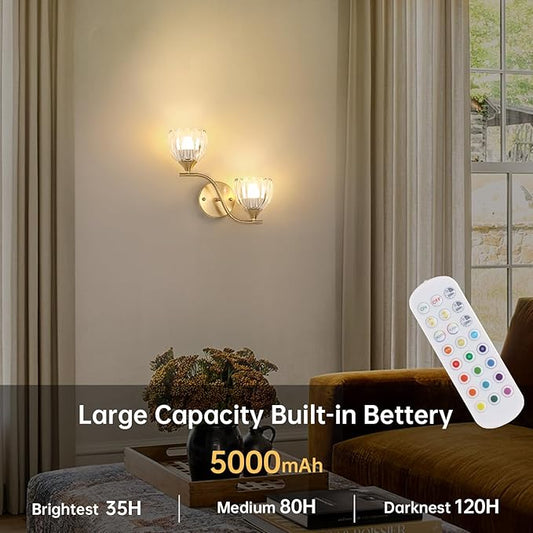 Battery Operated Wall Sconce, 2-Lights Vinatge Brass Wall Lighting with Clear Tluip Shade Rechargeable Bulb with Remote for Living Room, Bedroom
