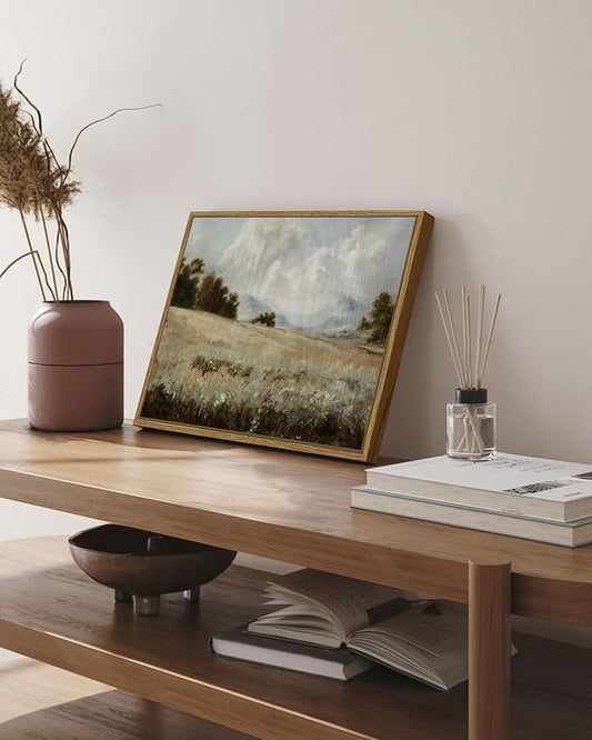 SHENIFY Vintage Landscape Framed Canvas Wall Art Grassland Classic Paintings Farmhouse Bathroom Office Decor - 11x14in Natural Framed